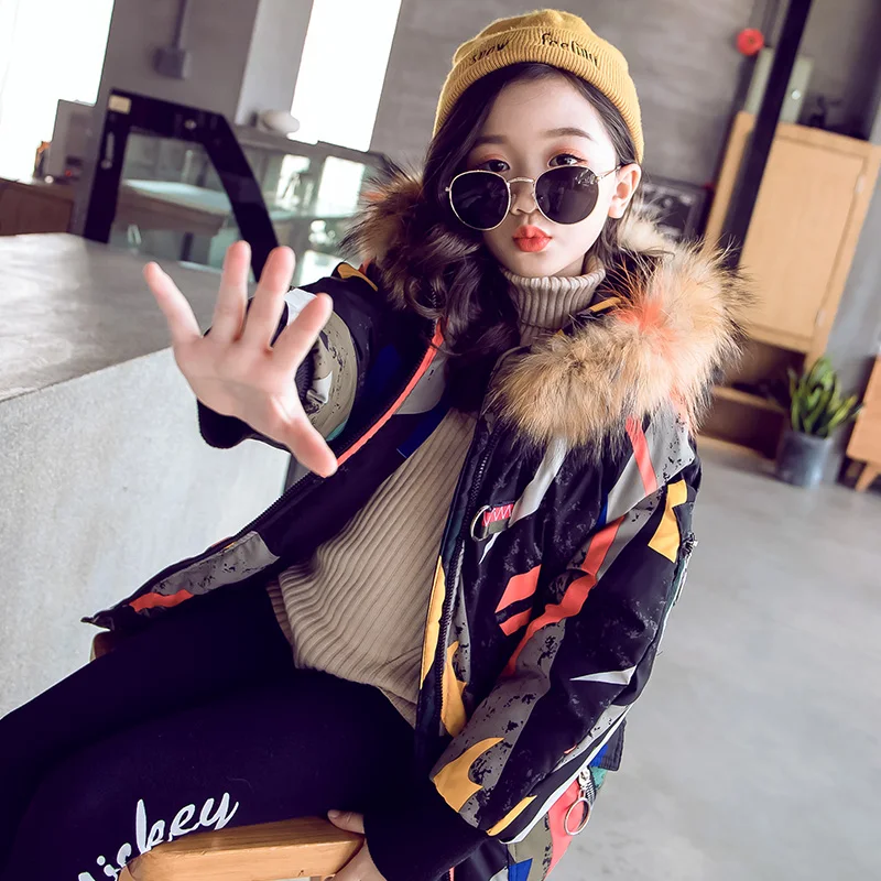 New Arrival Girls Fashion Wadded Jacket Winter Children's Cotton Padded Clothes Trench Coat Kids Fur Collar Parkas Outerwear P22