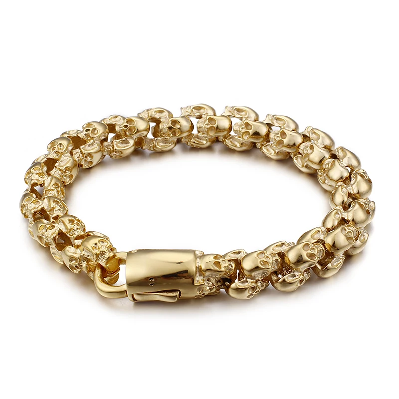 

Plated-gold Stainless steel Biker Skull skeleton Link Chain Bracelet Golden bangle jewelry 12mm 8.85'' 70g weight