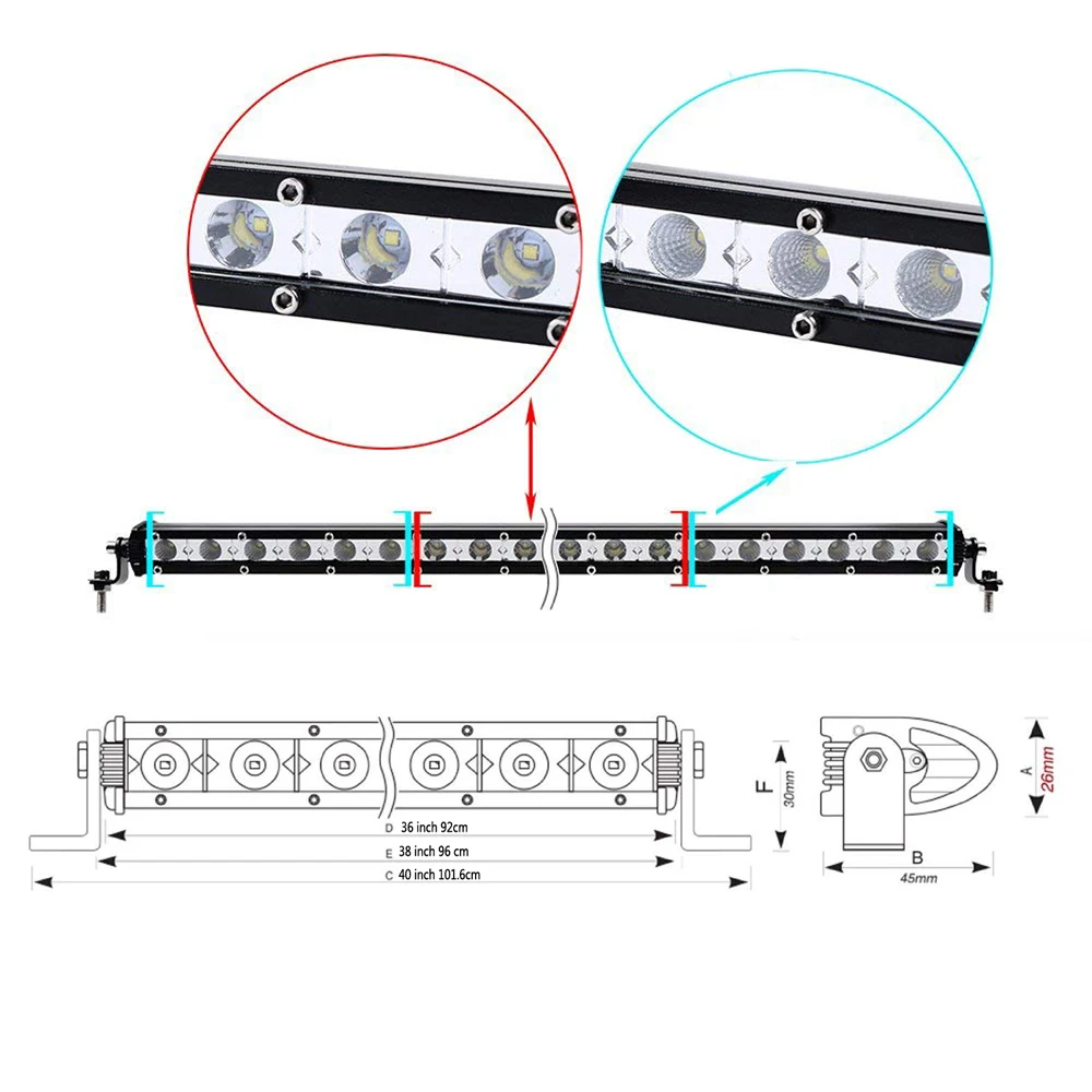 38inch 180W LED Light Bar Single Row Spot Flood Combo for Jeep ATV SUV Truck Boat 12V 24V