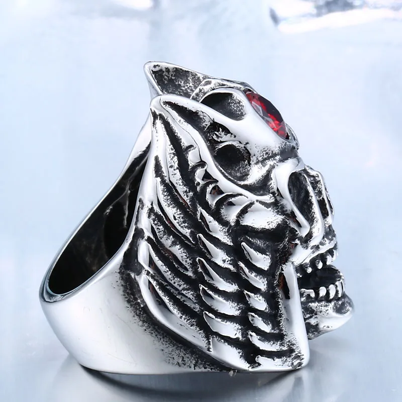 BEIER Hiphop 316L Hot Sell 316LStainless Steel Winged Skull With Red Stone Cool Punk Ring Jewelry drop shipping BR8-415