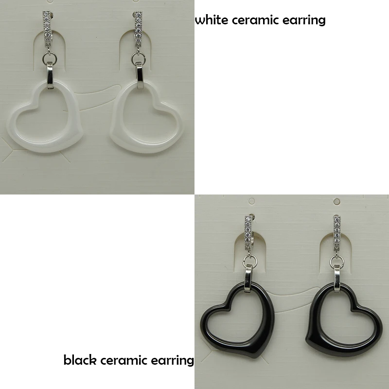 women girl elegant heart shape cz stone settting on steel scratch proof white/black ceramic hoop earring 1pair