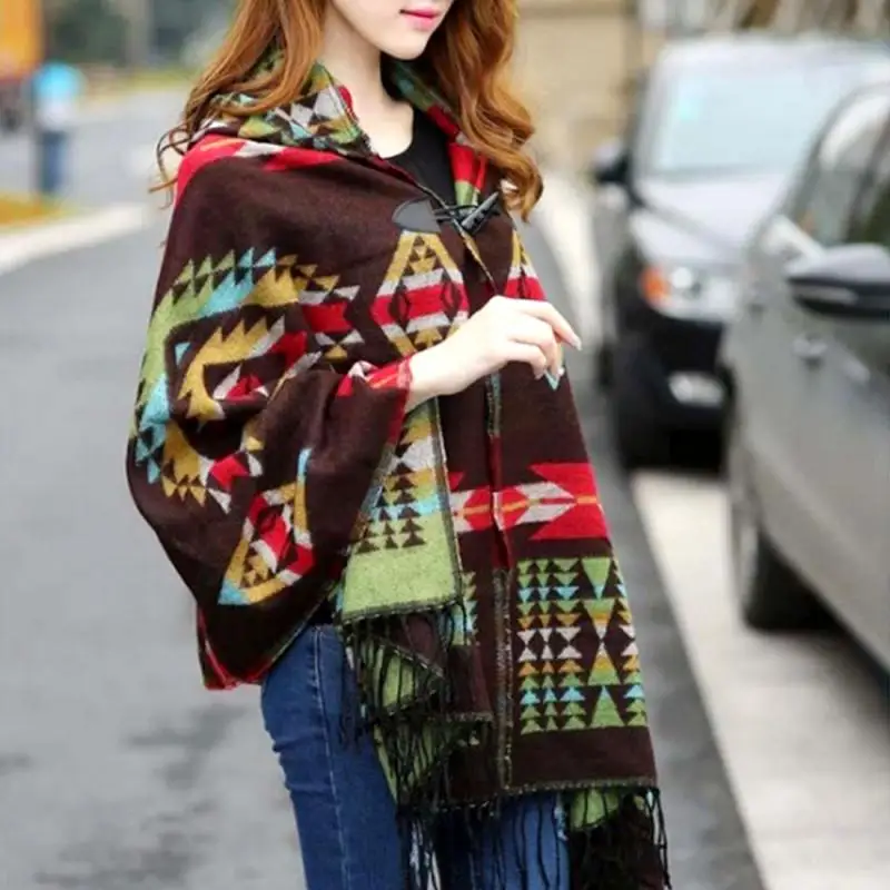 Ladies Warm Winter Hooded Wrap Poncho Wool Scarves Lush Cape,Mantle Ponchos And Capes Aztec Outwear Casacos Femininos Tippet