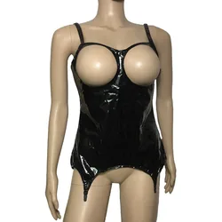 Women PVC Vinyl Cupless Teddy Lingerie Patent Leather Open Bra Tank Top with Garter Belt Bodysuit Fetish Costume