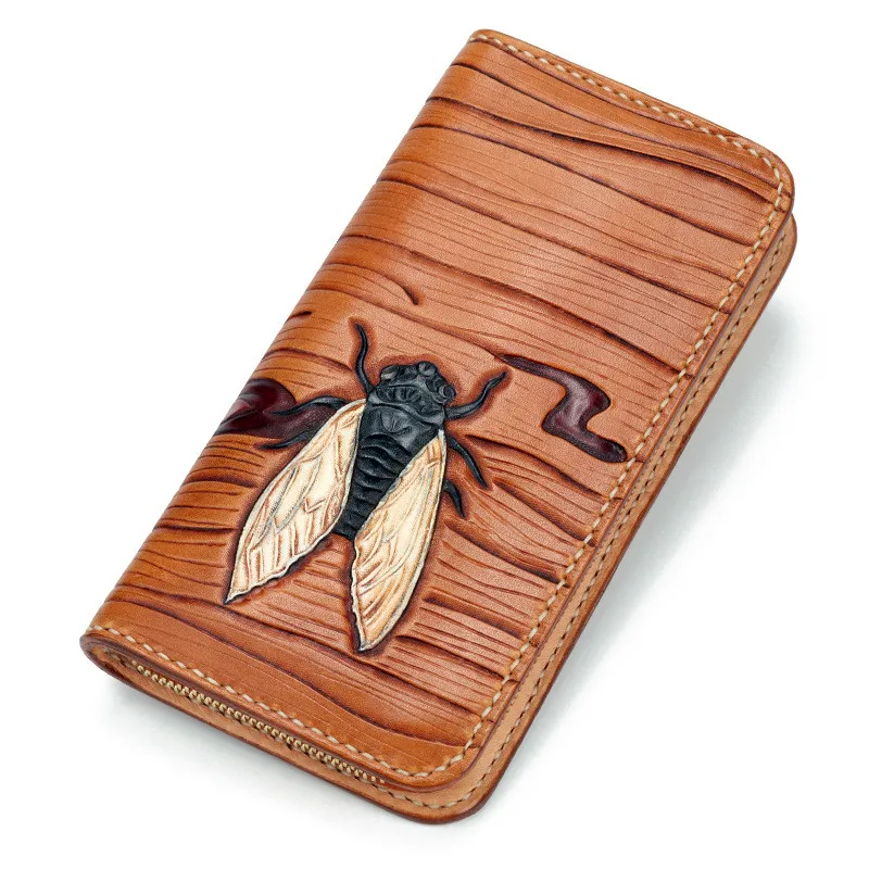 Women Genuine Leather Wallets Carving Cicada Zipper Bag Purses Long Clutch Vegetable Tanned Leather Wallet Valentine Gift