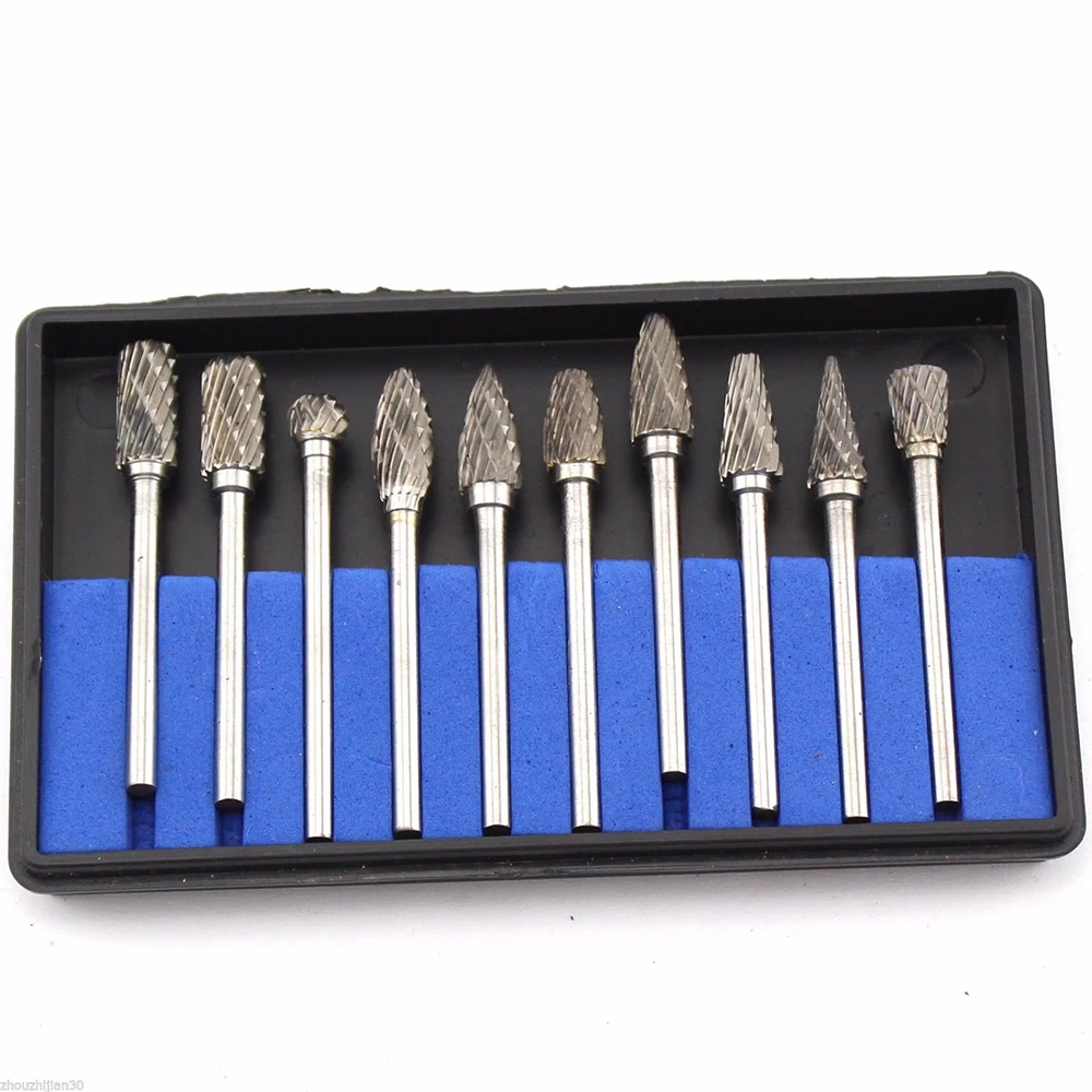 

10pcs 3x 6mm (0.25inch) Tungsten Solid Carbide Burr Rotating Double Cutting Tool Bit Set