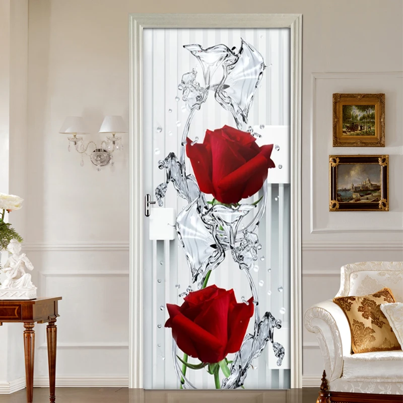 2019 New 3D Modern Rose Water Drops Door Stickers Mural PVC Self-adhesive Wallpaper Poster Living Room Bedroom Door Decor Decals