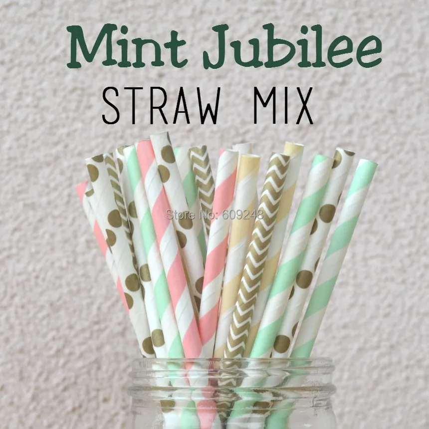 125 Pcs Mixed Colors Mint Jubilee Baby Pink Gold Mint Cream Paper Straws,Gold Chevron,Pink Mint Ivory/cream Stripe,Gold Dot