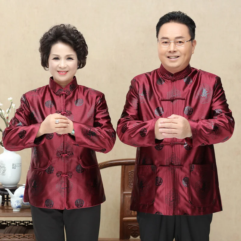 

Autumn Long Sleeve Elderly Couples Men Tang Suit Women Men Chinese Traditional Tops Lady Ancient Birthday New Year Tang Uniform