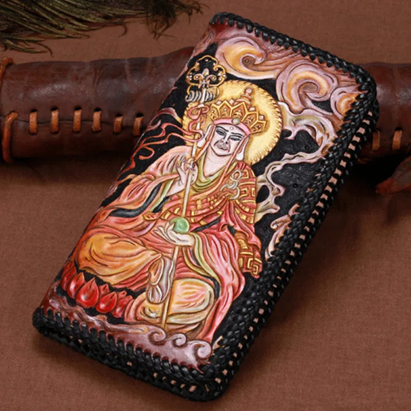 

Genuine Leather Wallets Carving Ksitigarbha Bodhisattva Knitting Zipper Bag Purses Men Clutch Vegetable Tanned Leather Wallet