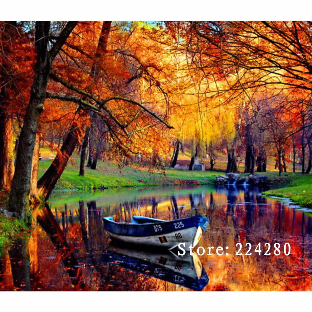 

Needlework,Autumn Forest River Boat Scenic Handwork 14CT Embroidery,DIY Cross stitch kits,Art Cross-Stitching Home Decor