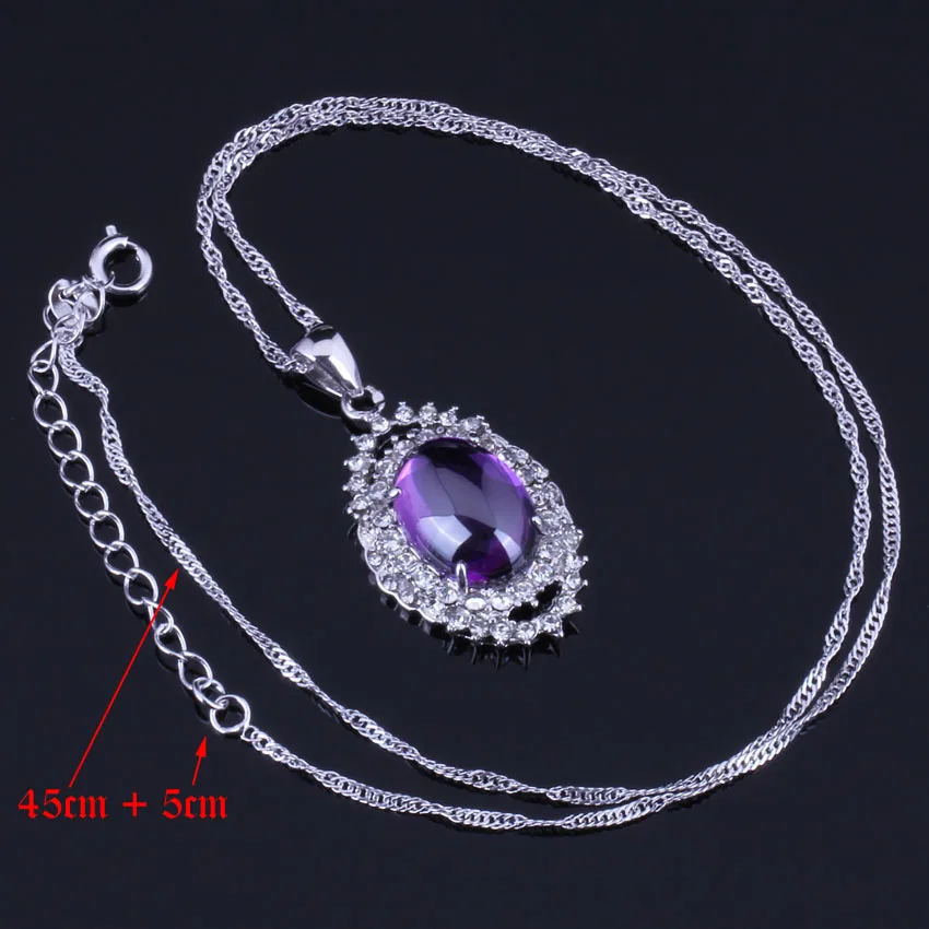 Shining Huge Oval Purple Cubic Zirconia White CZ Silver Plated Jewelry Sets Earrings Pendant Chain Ring V0266