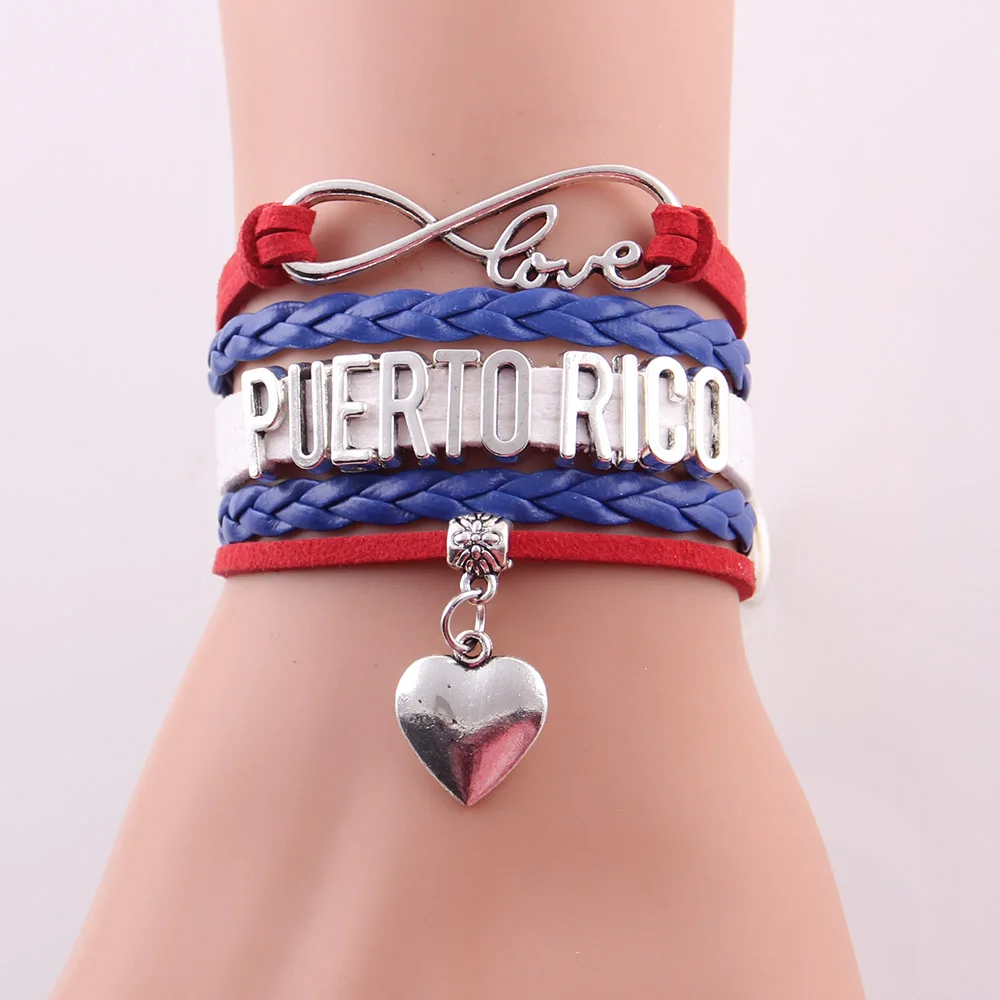 Little MingLou Infinity Love PUERTO RICO Bracelet Heart Charm Bracelets & Bangles For Women Men Leather Braid Country Jewelry