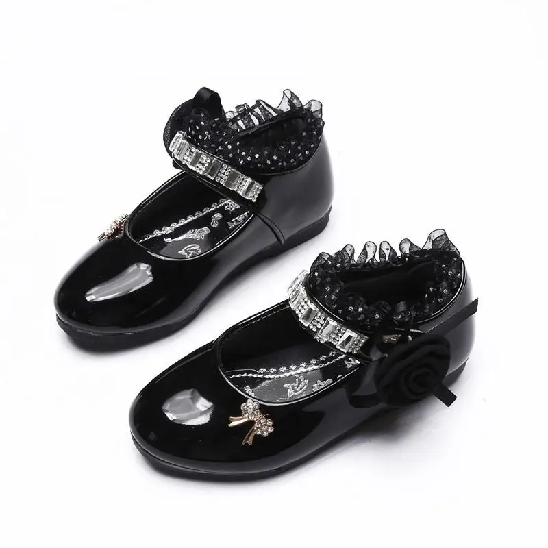 Children's Shoes For Girl Spring New Princess Lace Leather Shoes Fashion Cute Bow Rhinestone Wedding Shoes Student Party Dance