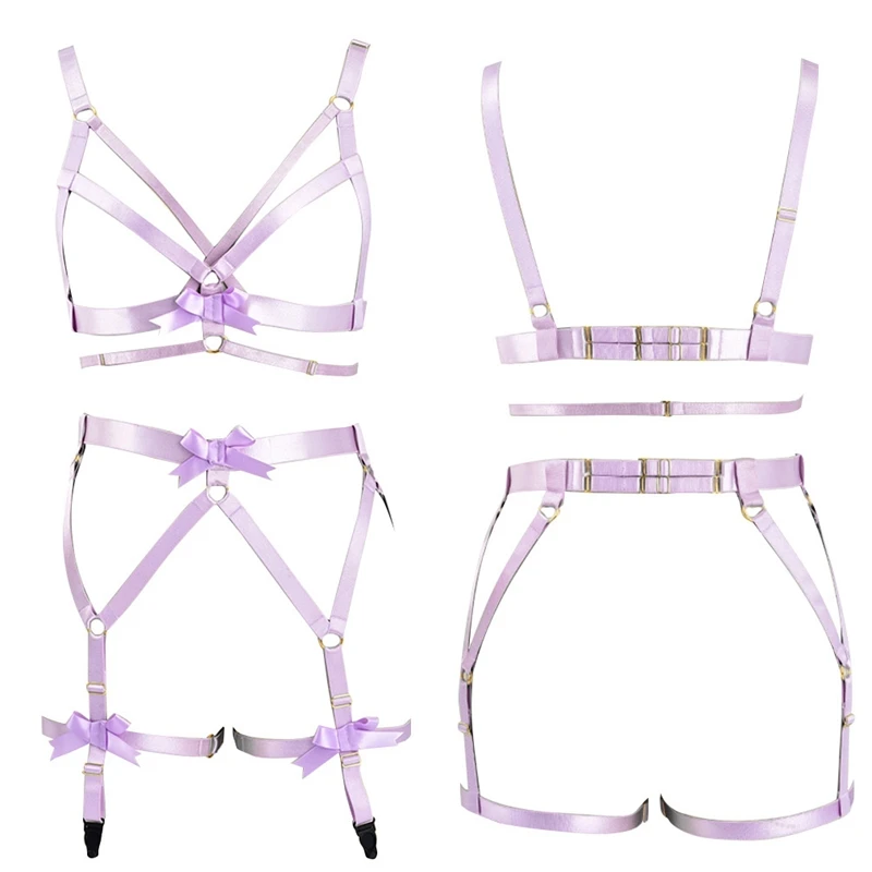 

Purple Bow Strap Body Harness Garter Set Full Bondage Lingerie Elastic Adjust Sexy Harness Bra Goth Fetish Belt Festival Rave