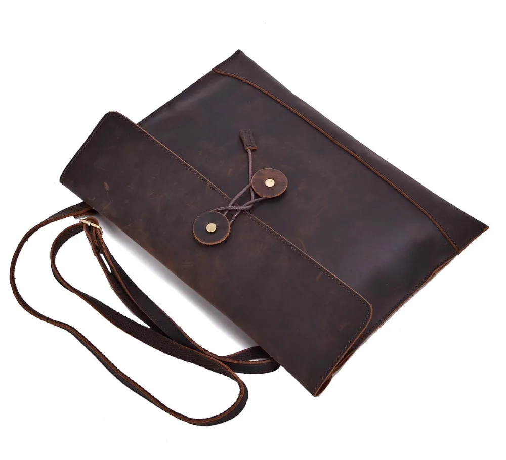 Vintage Crazy Horse Genuine Leather Men Shoulder Bag Leather Messenger Bags Men\'s Casual Crossbody Bag IPAD Bags Clutch Brown