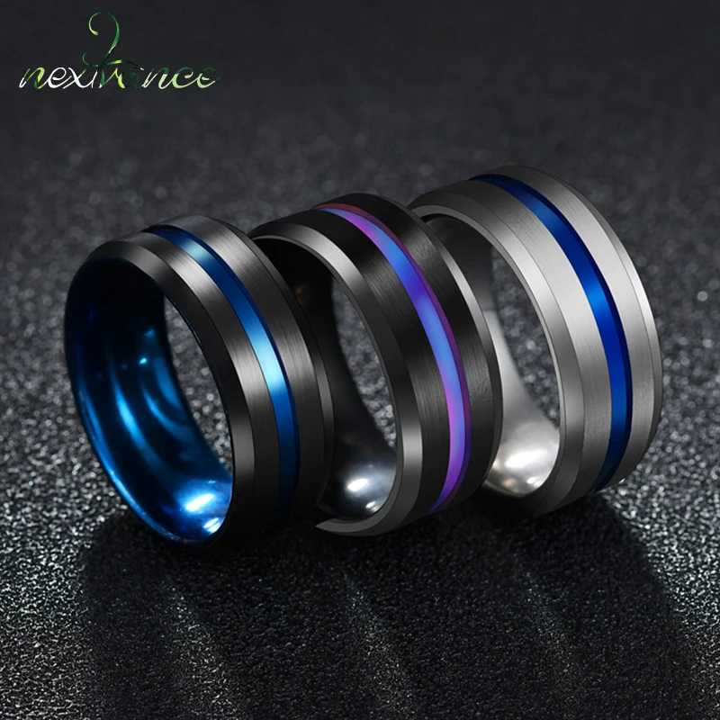 Nextvance Trendy 8MM Stainless Steel Black Blue Groove Ring For Men Wedding Bands Rainbow Rings Male Jewelry Drop shipping