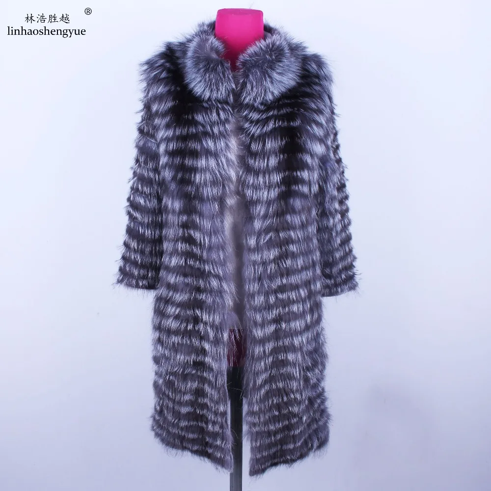 

Linhaoshengyue 90cm Long Real Silver Fox Nature Fur Coat Wool Knit Liner,Stylish Stand Collar