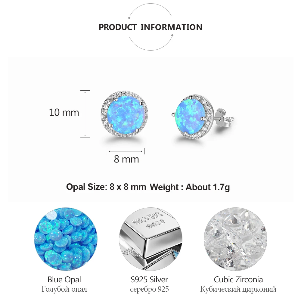 Classic 925 Sterling Silver Stud Earrings Round White Pink Blue Opal Earrings with Cubic Zirconia Jewelry Gift (Lam Hub Fong)