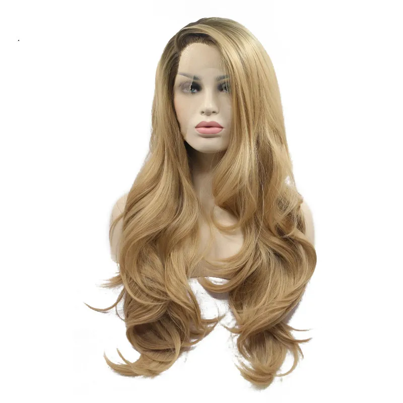 

Sylvia Synthetic Lace Front Wig Ombre Blonde Body Wavy Brown Roots Heat Resistant Fiber Hair Wig For Women Side Part