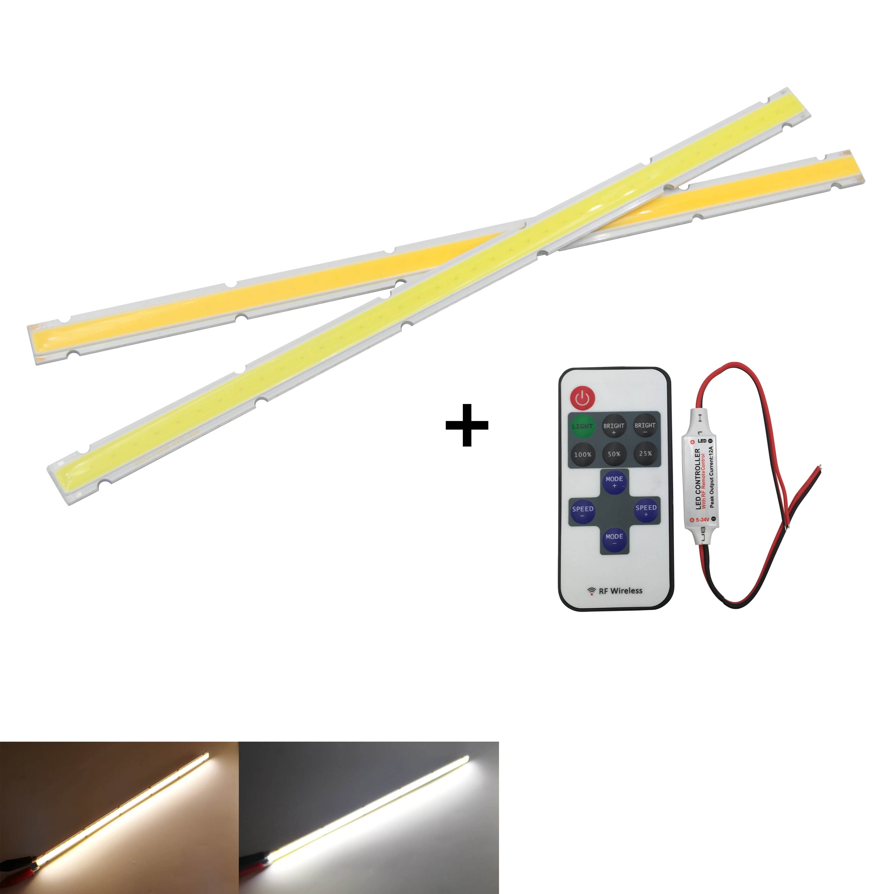 

12V DC Dimmable LED COB Strip 250x12mm Bar Light Source Lamp with Remote Controller Warm White 10W FLIP Chip for DIY Auto