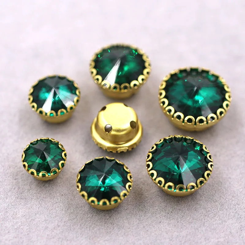 New Malachite green Round shape glass crystal sew on rhinestones gold base lacy claw rhinestone strass Diy clothing accessories