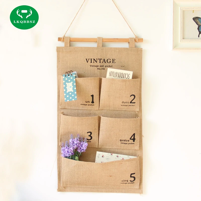 LKQBBSZ Jute Hanging Bags Organizer, Naturally Letters Wall Storage, Cosmetic Sundries Box