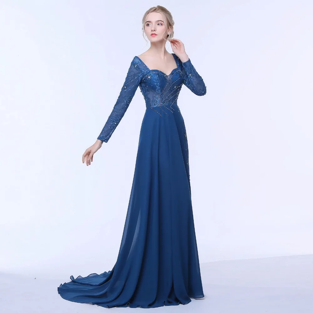 ANTI Elegante Dark Blau Abendkleid Mit Langen Ärmeln Backless Formale Kleider Chiffon Spitze Promi Kleid A-Line Hochzeit HQY31