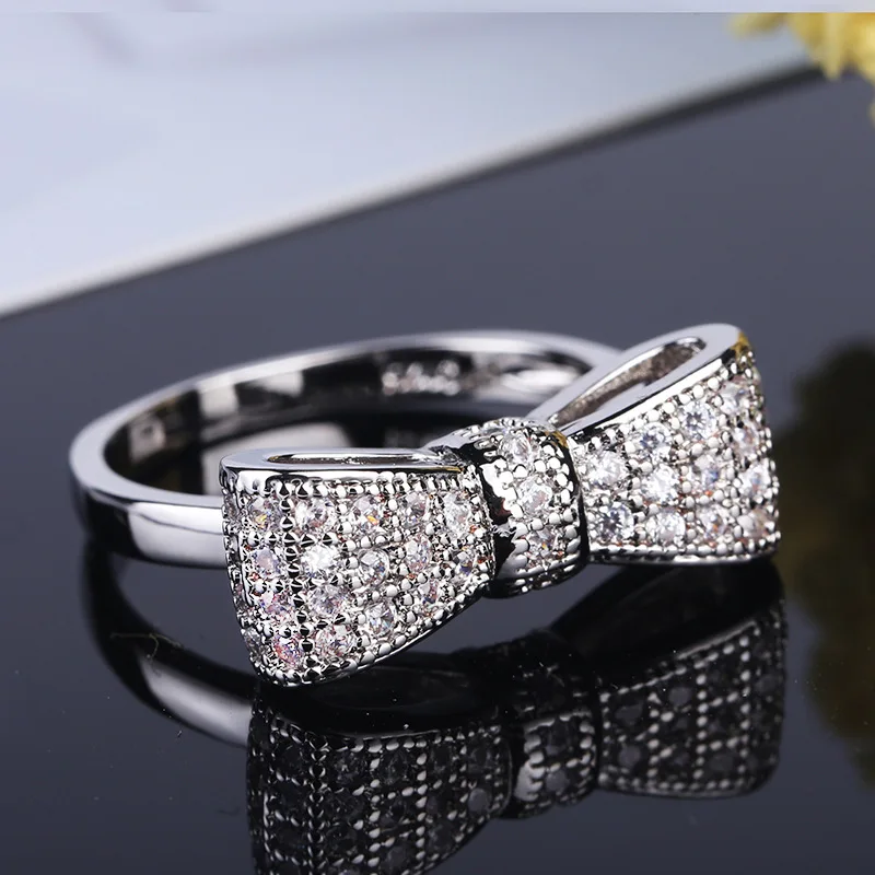 White Bow Zircon Wedding Ring for Women Micro-inlaid Simulation Ring Fashion Simple Jewelry Engagement Love Ring Birthday Gift
