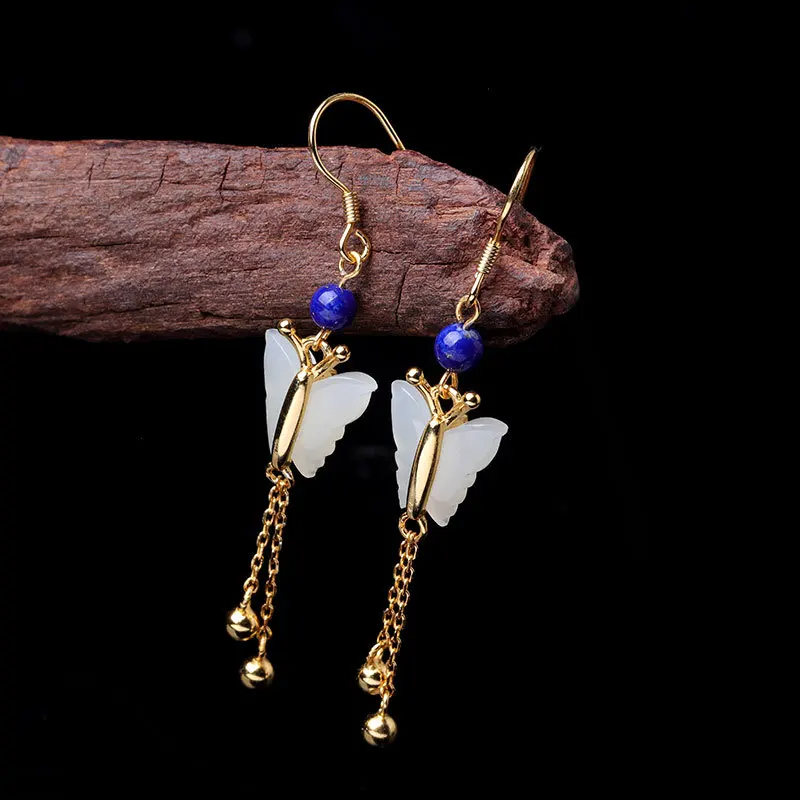 

100% S925 solid sterling silver jewelry earrings handmade ladies butterflies natural Hetian jade earrings