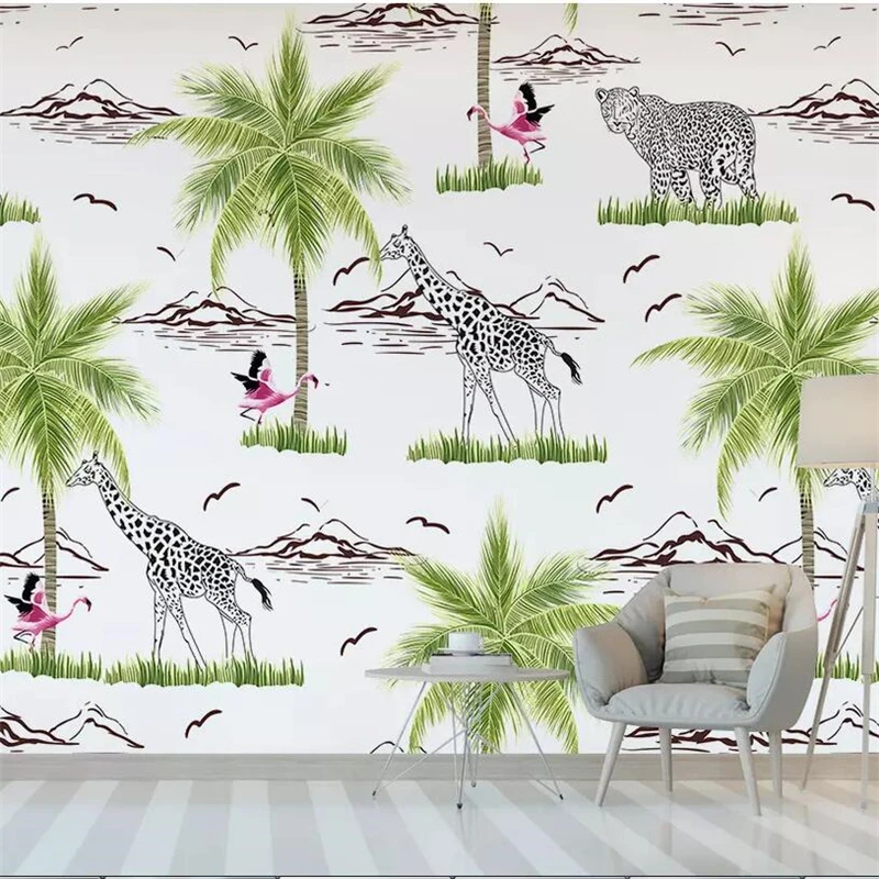 wellyu Nordic minimalist hand-painted lines flamingo giraffe animal background wall custom large mural wallpaper