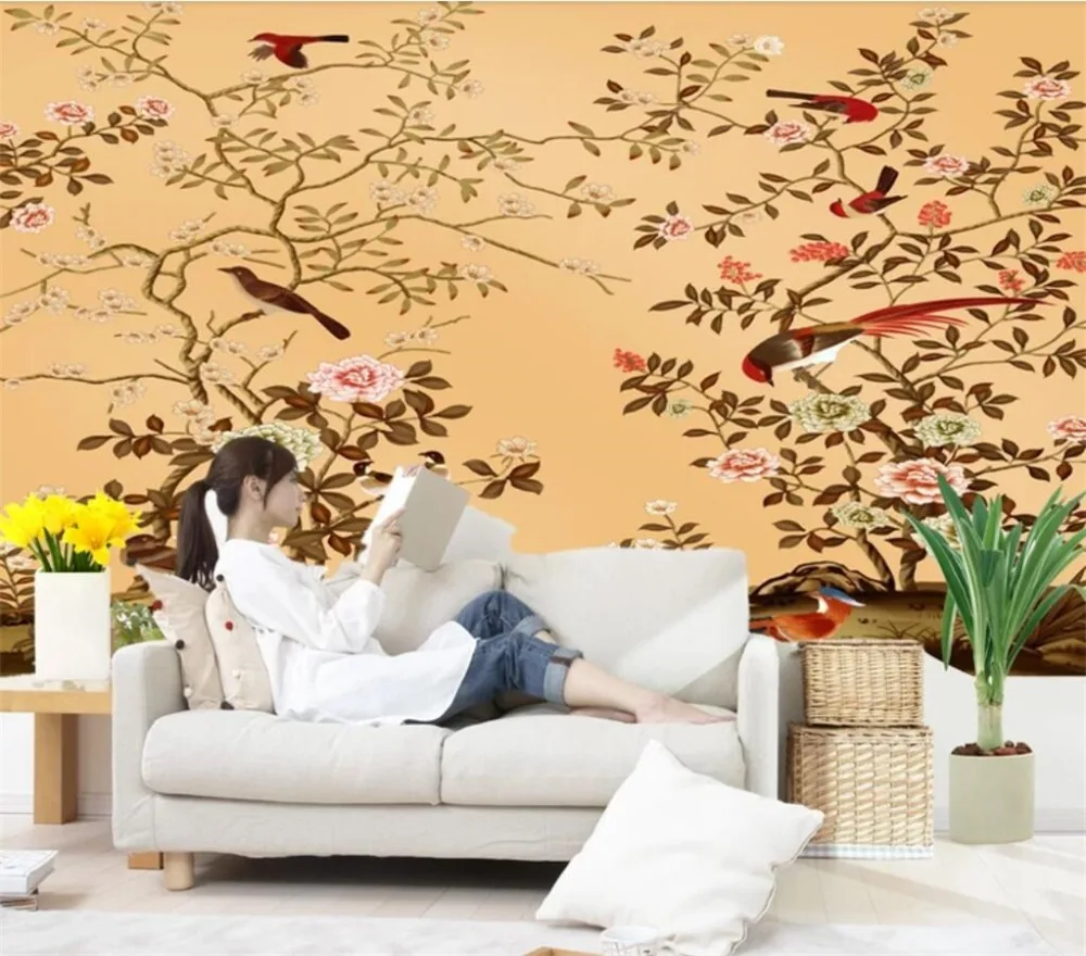 

beibehang Papel de parede Custom wallpaper 3d large hand-painted three-dimensional flowers and birds HD murals Papel de parede