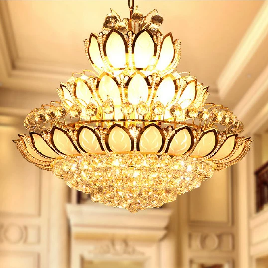 LED Gold Crystal Chandeliers Lights Fixture Lotus Flower Crystal Droplights Hotel Parlor Foyer Restaurant Home Indoor Lighting