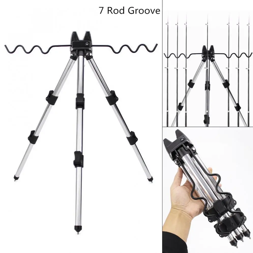 

Aluminum Alloy Telescopic 5 / 7 Groove Fishing Rod Holder Portable Collapsible Tripod Stand Sea Fishing Pole Bracket