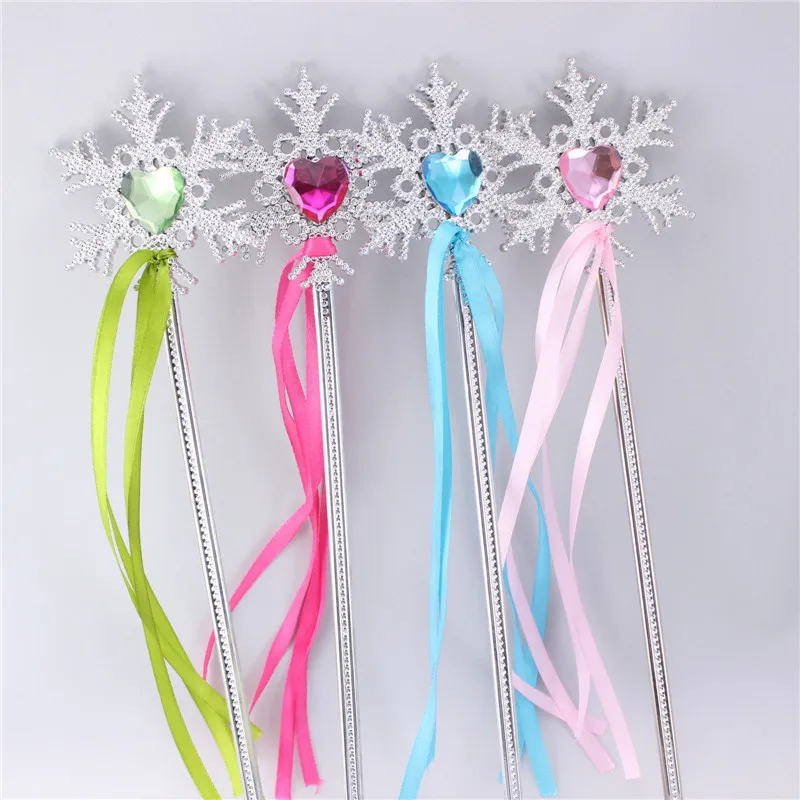 

20pcs/lot Princess Snowfake+Heart Color Gem+Ribbon Silver Coating Party Costume Magic Fairy Sticks Wand Toys Party Favor