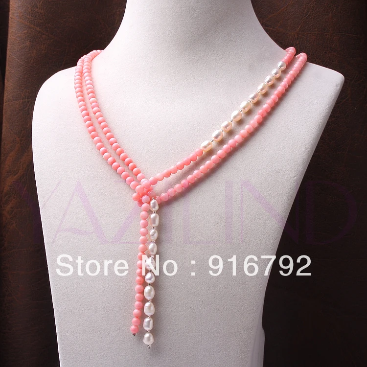 free shipping princess royal style pink coral white pearls strand chain long chain necklace 50