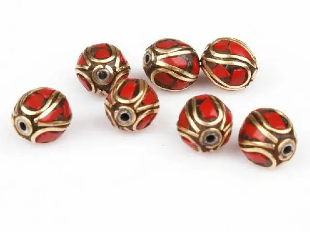 Nepal Hand Brass Beads 10PCS Inlay Red Coral Color Stone for DIY Jewelry Accessories Bracelets NBB336