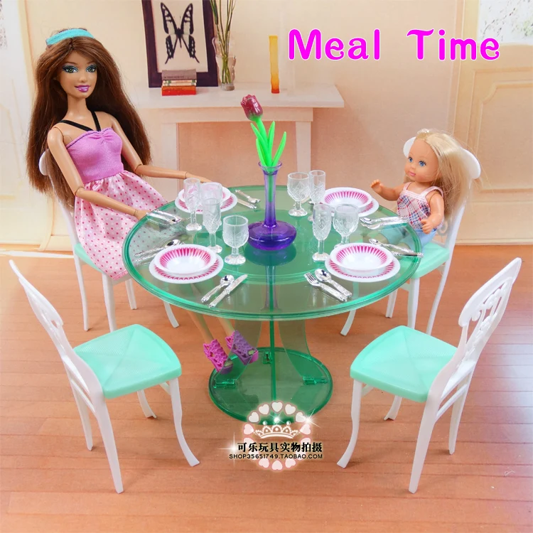 New furniture for barbie doll house green kitchen table set for barbie furniture dress up doll accessories 1/6  DIY toy