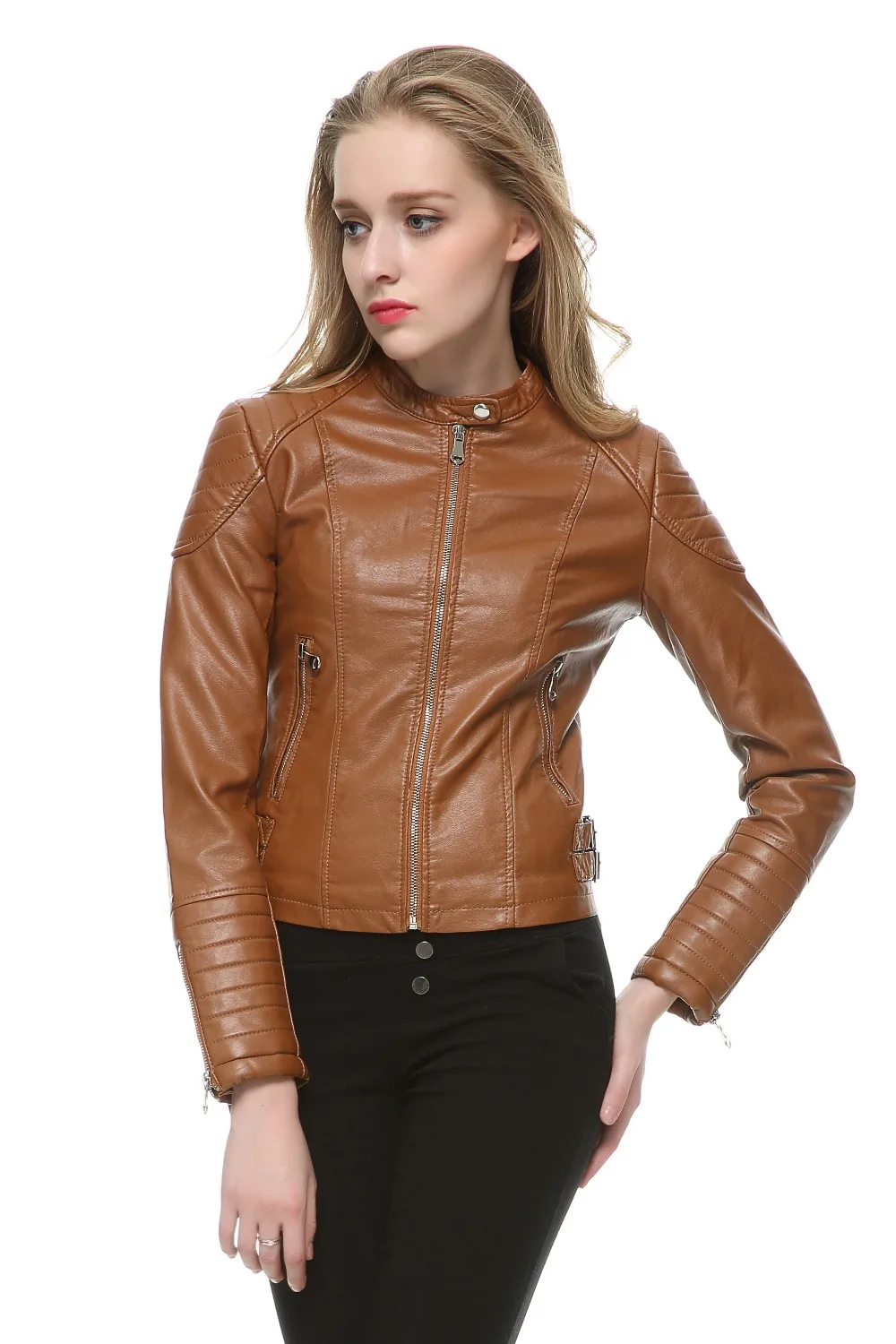 Chaqueta bomber de cuero marrón para mujer, abrigo de motocicleta, 5 colores, marca, nuevo, otoño e invierno, 2021