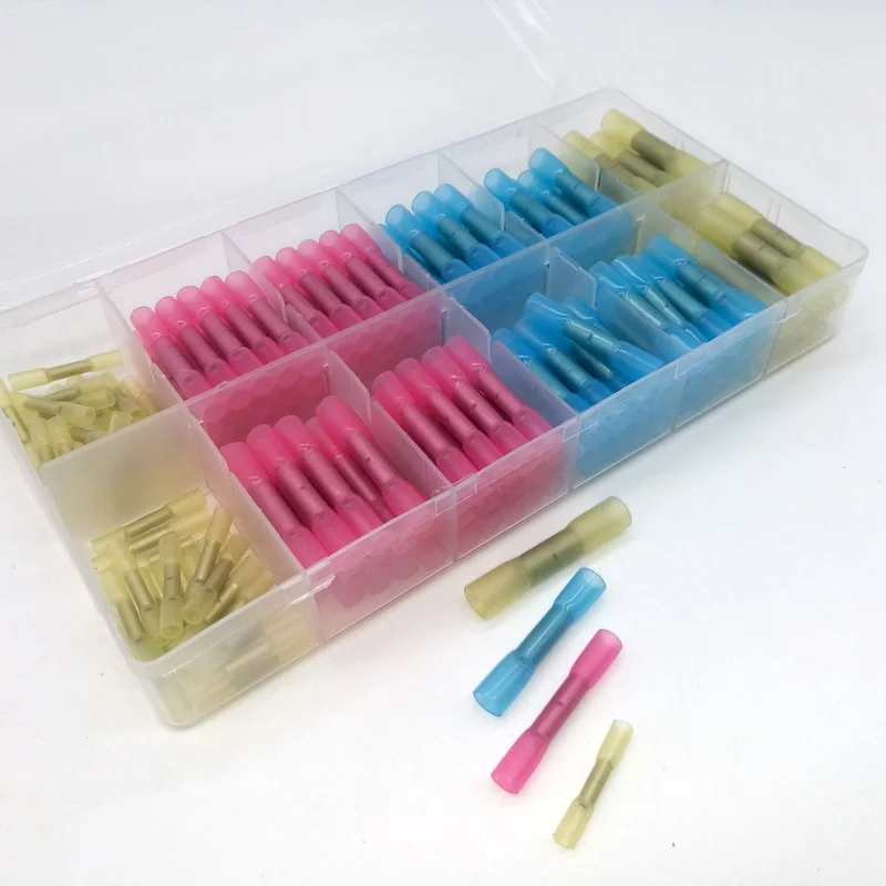 200pcs  Hot Melt Glue Inside Water-proof 4 Sizes Mixed BHT0.5 /1.25/ 2 /5 /PE Heat Shrink Butt Crimp Terminals Connectors