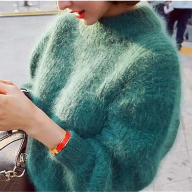 Winter New Fashion Thickened Warm Turtleneck Mohair Female Sweater Lantern Sleeve Casual Solid Color Slim Simple Pullover