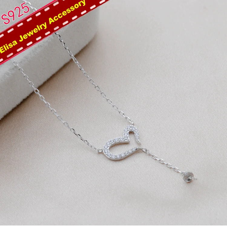 Heart Design Micro Rhinestone Pendant Chain Accessory S925 Sterling Silver Pearl Pendant Necklace Findings 3Pieces/Lot