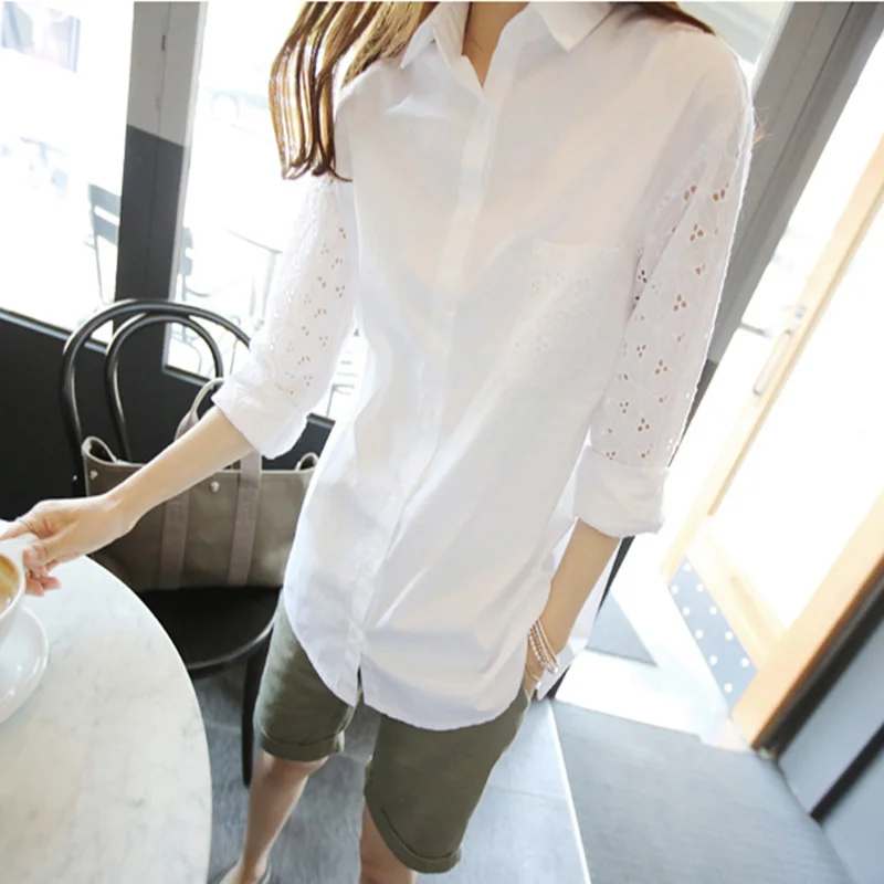 Women White Blouse Shirt Summer High Quality New Large Size Long sleeve Lace Hollowing Leisure Office Womens White Tops