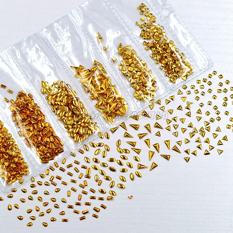 1 Pack Mix Shape Gold 3D Rectangle Triangle Square Drop Oval Metal Stud Nail Art Rhinestones Gems Decorations DIY Salon Tip 11#