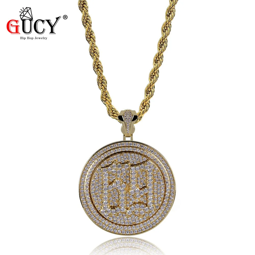 GUCY New Hip Hop Rotatable Pendant Necklace Iced Out Cubic Zircon Saw Horror Movie Theme Necklaces