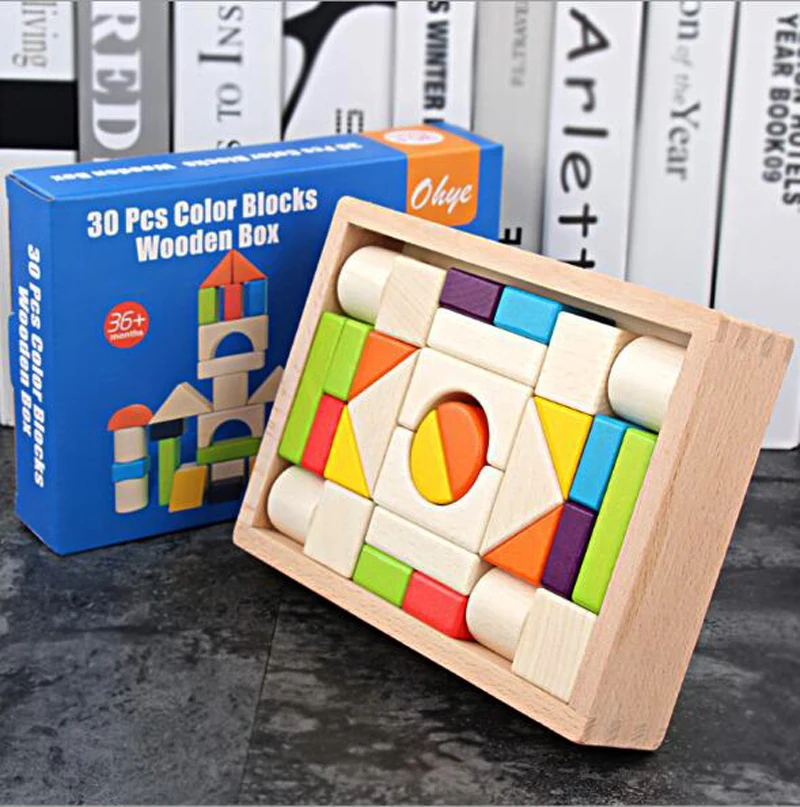 Free ship kids natural colored 30pc solid beech wood wooden building construction blocks toys educational children gifts