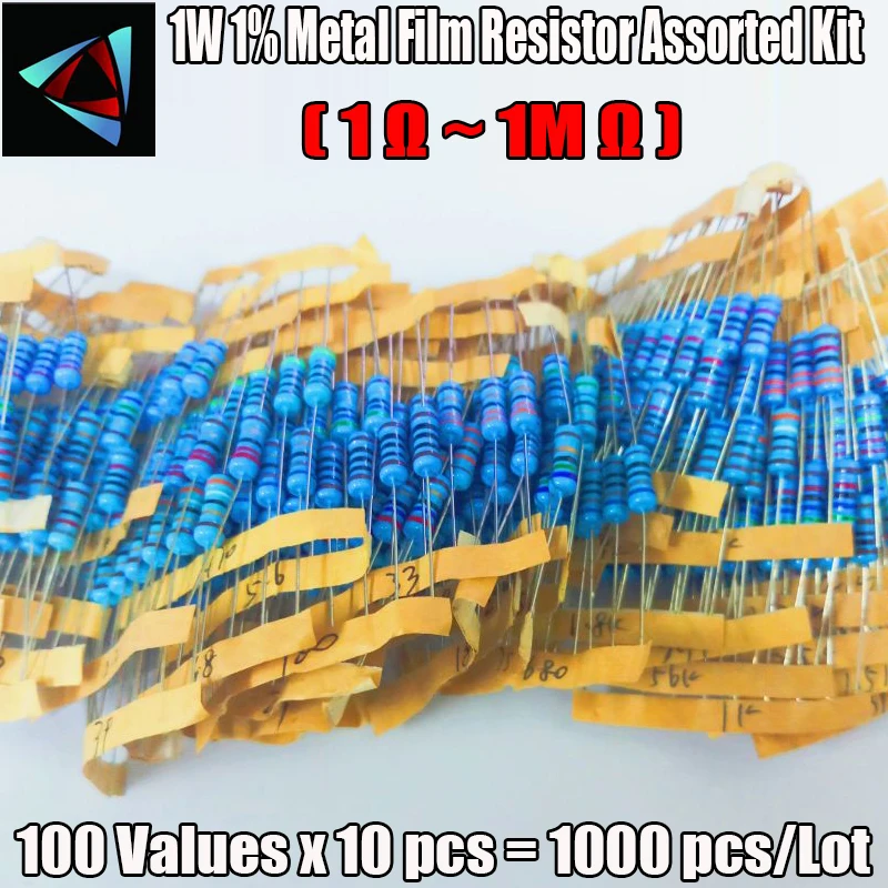 1000Pcs 100Values Each 10Pcs Metal Film Resistor 1% 1W Assorted Kit (1 ohm~ 1M ohm Capacitor Range ) Hot Sale