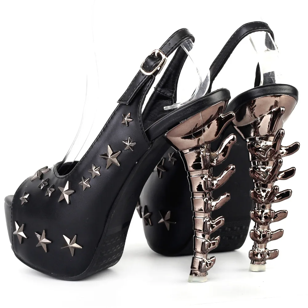 LF80633 Black Peeptoe Star Stud Sling Back Platform Bone Heel Pumps Size 4/5/6/7/8/9/10