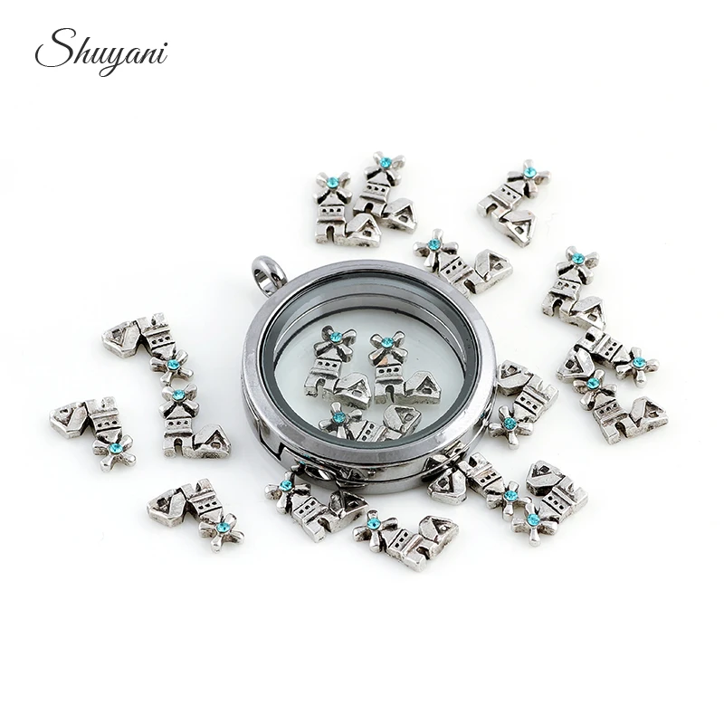 20Pcs/Lot Cute European Windmill House Floating Memory Locket Charms кулон For Women Girl Necklaces Earrings Jewelry Making