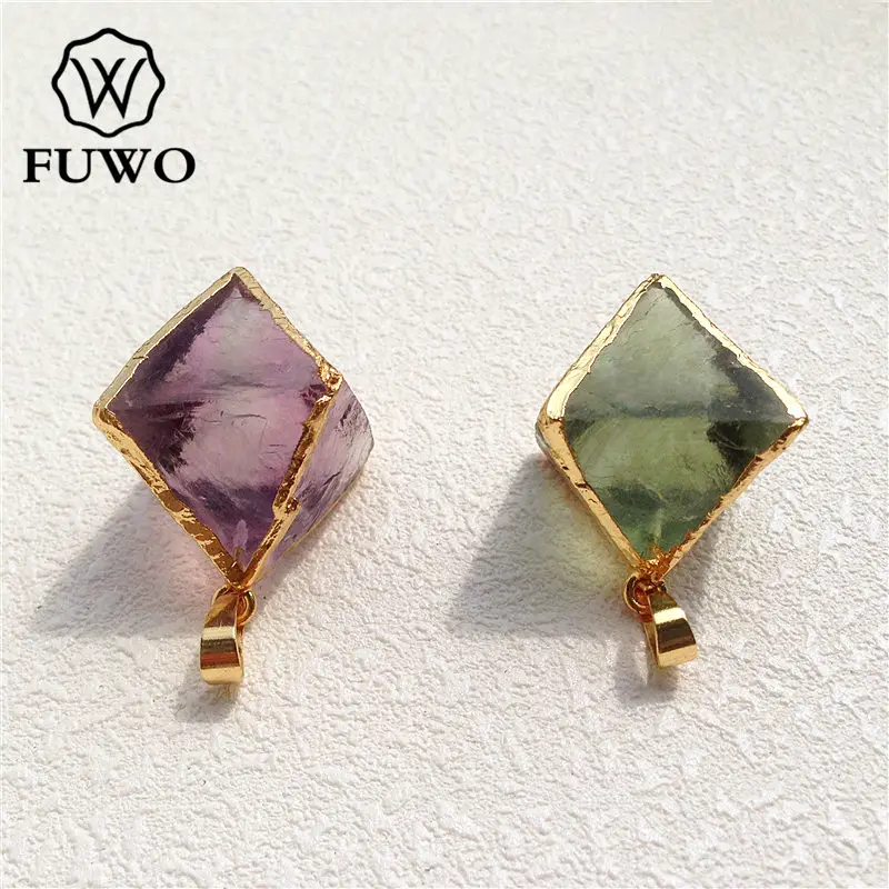 FUWO Wholesale Natural Fluorite Octahedron Pendant,Golden Plated Raw Crystal Accessories For Women Jewelry Making 5Pcs/Lot PD079