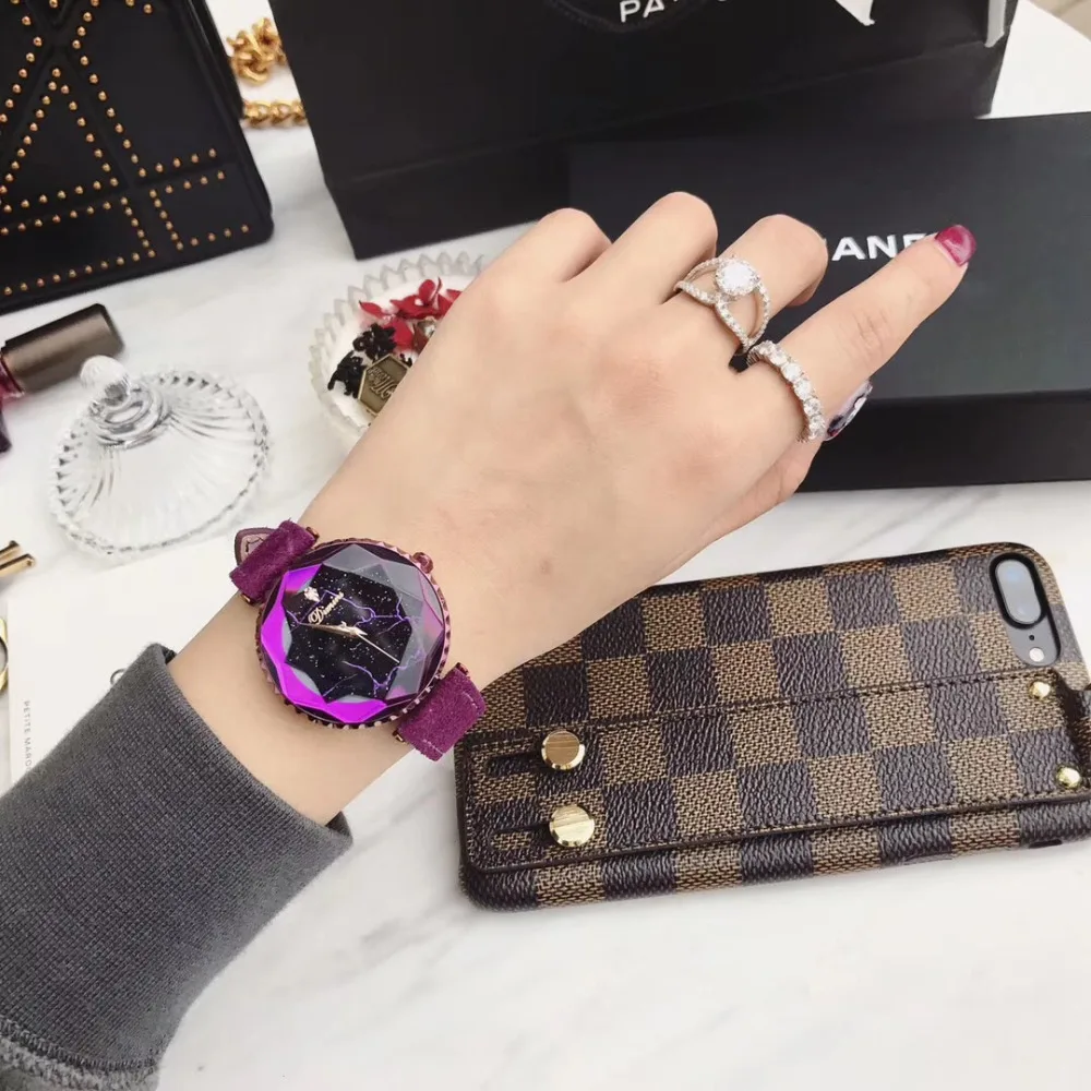 Luxury Fashion Full Purple Watches Women Personalized Lightning Wrist watch Waterproof Fur Leather Watch Marble Faceted Crystals